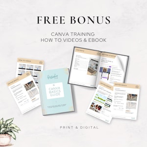 Bonus Canva training image showing "The Canva Basics Guide" eBook and instructional pages. Includes how-to videos, editing tips, and layout help. Designed to reassure buyers that even Canva beginners can confidently use and customise the Human Design templates with ease. Printable and digital versions shown.
