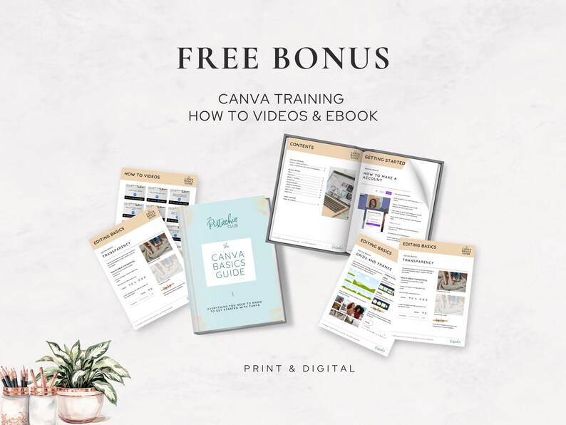 Bonus Canva training image showing "The Canva Basics Guide" eBook and instructional pages. Includes how-to videos, editing tips, and layout help. Designed to reassure buyers that even Canva beginners can confidently use and customise the Human Design templates with ease. Printable and digital versions shown.