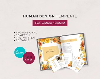Op de afbeelding: Een open boek met een bloemenontwerp, met de tekst "HUMAN DESIGN TEMPLATE" en "Pre-written Content". Extra tekst bevat "Professional", "Powerful", "Pre-written" en "Editable". Een turquoise cirkel met "Canva" en een bordeauxrode cirkel met "60+ PAGES" zijn ook aanwezig.
