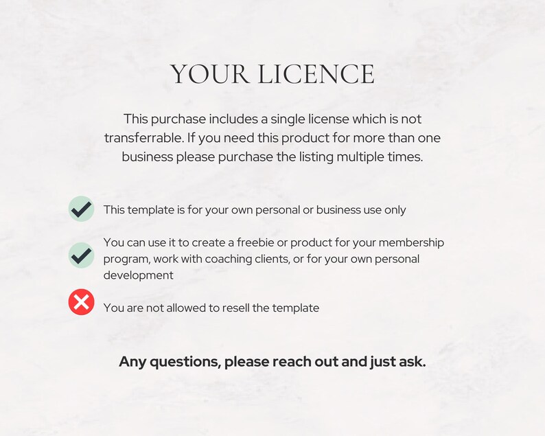 Licensing guide titled “Your Licence.” Clarifies usage rights: single licence per personal or business use, no reselling or redistribution allowed. Includes check marks for permitted uses (client work, personal development) and a red X for prohibited actions. Encourages customers to reach out with questions.