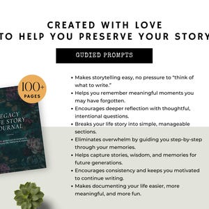 Legacy Life Story Journal benefits page showing guided prompts that help with storytelling, reflection, and capturing meaningful memories.
