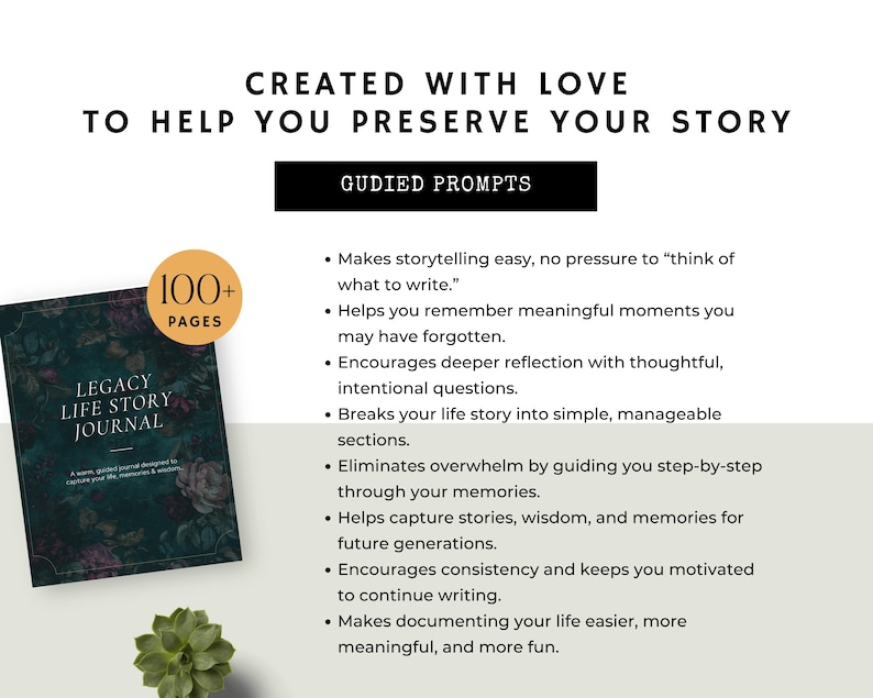 Legacy Life Story Journal benefits page showing guided prompts that help with storytelling, reflection, and capturing meaningful memories.