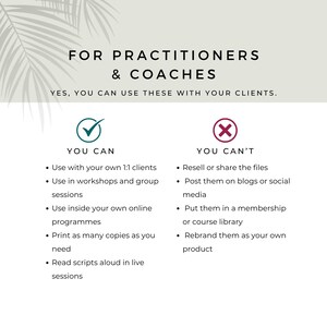 Licence information for EFT practitioners and coaches showing permitted use with clients, workshops and programmes, and restrictions on reselling, sharing or rebranding the files.