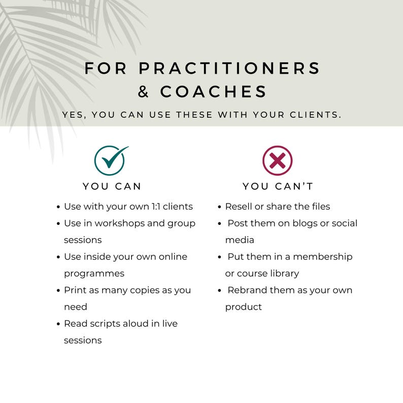 Licence information for EFT practitioners and coaches showing permitted use with clients, workshops and programmes, and restrictions on reselling, sharing or rebranding the files.