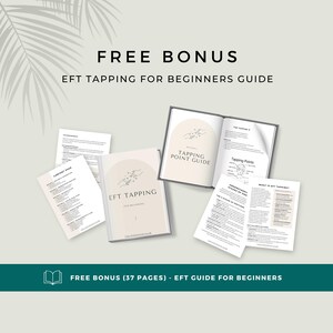 Op de afbeelding: Een digitale gids getiteld FREE BONUS EFT TAPPING FOR BEGINNERS GUIDE met meerdere pagina's en een boekje. De tekst bevat TAPPING POINT GUIDE, UNDERSTANDING STAGES OF EMO en WHAT IS EFT TAPPING. Het ontwerp gebruikt beige en zwarte kleuren.