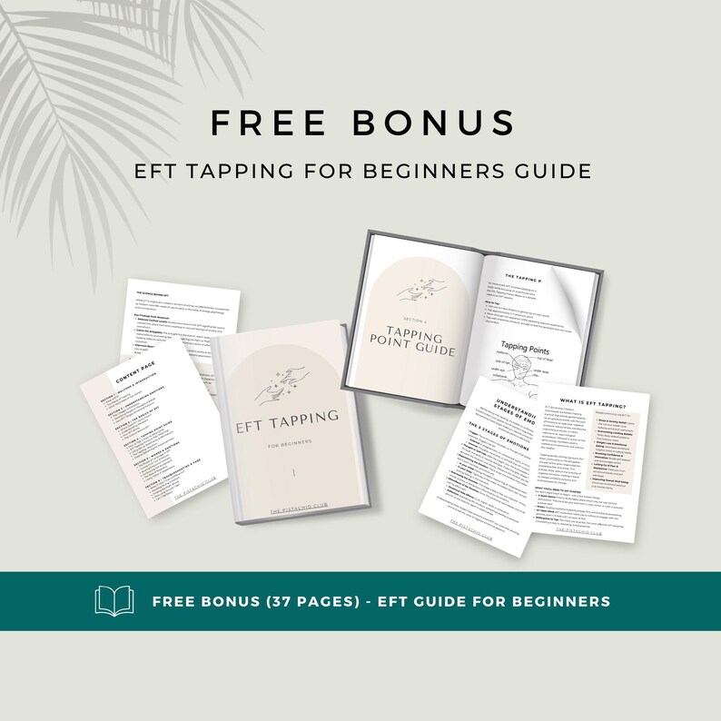 Op de afbeelding: Een digitale gids getiteld FREE BONUS EFT TAPPING FOR BEGINNERS GUIDE met meerdere pagina's en een boekje. De tekst bevat TAPPING POINT GUIDE, UNDERSTANDING STAGES OF EMO en WHAT IS EFT TAPPING. Het ontwerp gebruikt beige en zwarte kleuren.