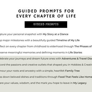 List of guided prompt categories including My Story at a Glance, Phases of Life, Adventures, Creativity, Family Tree, and Legacy