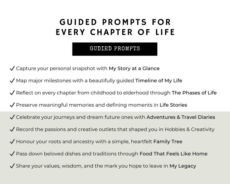 List of guided prompt categories including My Story at a Glance, Phases of Life, Adventures, Creativity, Family Tree, and Legacy