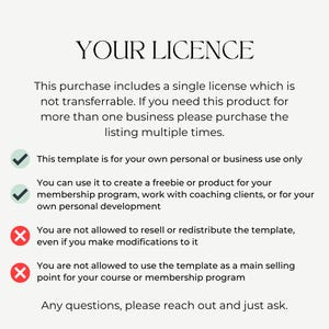 License terms and usage guidelines for the template. Permits personal or coaching use; prohibits reselling or using as a primary product in a course. Green ticks and red crosses make the usage rights visually clear.