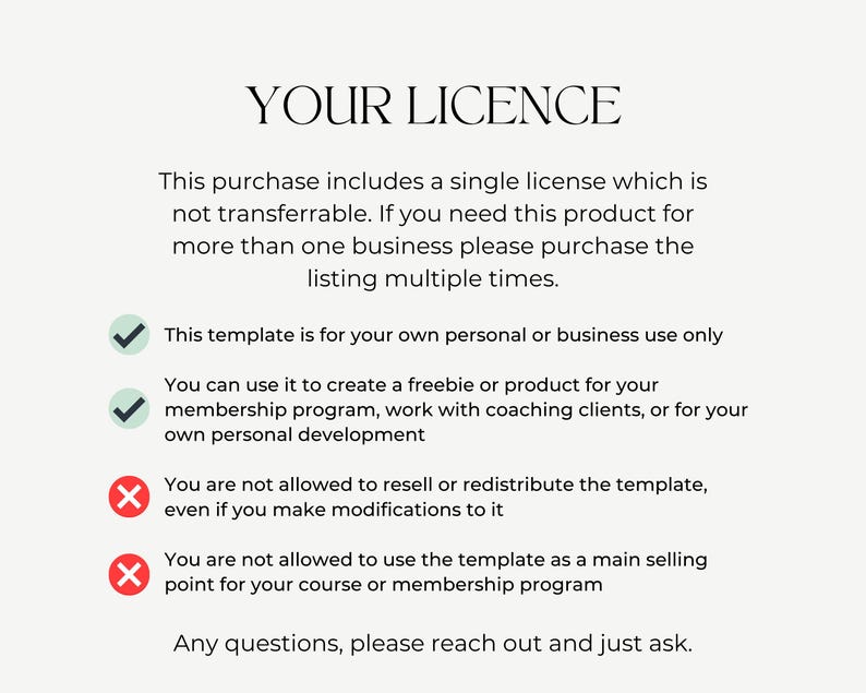 License terms and usage guidelines for the template. Permits personal or coaching use; prohibits reselling or using as a primary product in a course. Green ticks and red crosses make the usage rights visually clear.