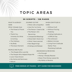 Overview of 30 gratitude EFT tapping scripts covering appreciation, personal growth, relationships, abundance, receiving money, difficult days and gratitude without forced positivity.