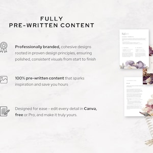 Minimalist promo slide showcasing key benefits: pre-written, professional, branded Human Design report templates editable in Canva. Includes visuals of Strategy and Authority pages. Perfect for coaches seeking polished visuals with less effort.