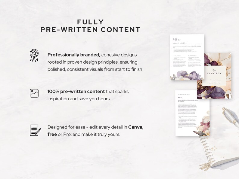 Minimalist promo slide showcasing key benefits: pre-written, professional, branded Human Design report templates editable in Canva. Includes visuals of Strategy and Authority pages. Perfect for coaches seeking polished visuals with less effort.