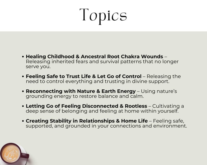 Healing Childhood & Ancestral Root Chakra Wounds – Releasing inherited patterns that no longer serve. Feeling Safe to Trust Life & Let Go of Control – Releasing control & trusting in divine support. Reconnecting with Nature & Earth Energy – Grounding energy to restore balance & calm. Letting Go of Feeling Disconnected & Rootless – Gain a deep sense of belonging & feeling at home within. Creating Stability in Relationships & Home Life – Feeling safe, supported, & grounded
