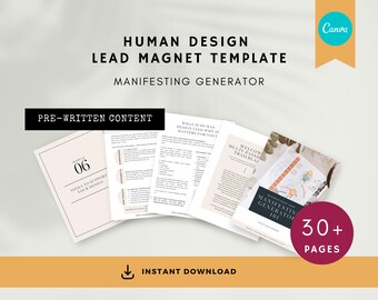 Op de afbeelding: Een stapel bedrukte pagina's met de tekst "Human Design Lead Magnet Template" en "Manifesting Generator." De afbeelding bevat de tekst "Pre-Written Content," "Instant Download," en "30+ Pages."