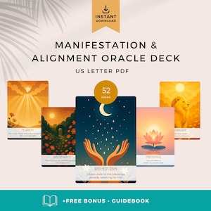 Puede incluir: Una baraja de oráculo con 52 cartas, con ilustraciones de escenas de la naturaleza y elementos celestiales. La baraja se titula "Manifestation & Alignment Oracle Deck" e incluye el texto "Instant Download" y "US Letter PDF". Las cartas tienen títulos como "Clarity" y "Receiving".