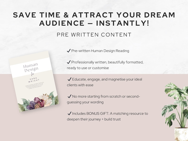 Canva template listing image that emphasises how this pre-written Human Design report saves time and builds trust. Features a sample cover page and plant graphic with checklist of benefits: ready-to-use, customisable, and client-magnetising. Designed for spiritual and Human Design coaches.
