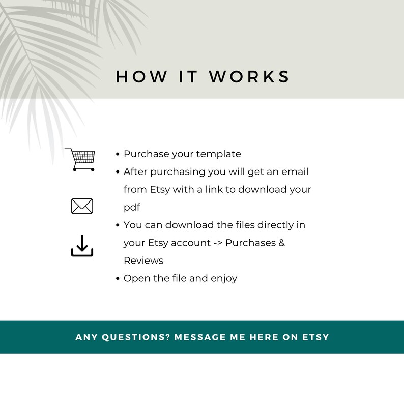 Digital download instructions showing how to purchase the holiday EFT PDF on Etsy, access the download through Purchases and Reviews, and open the files after purchase.