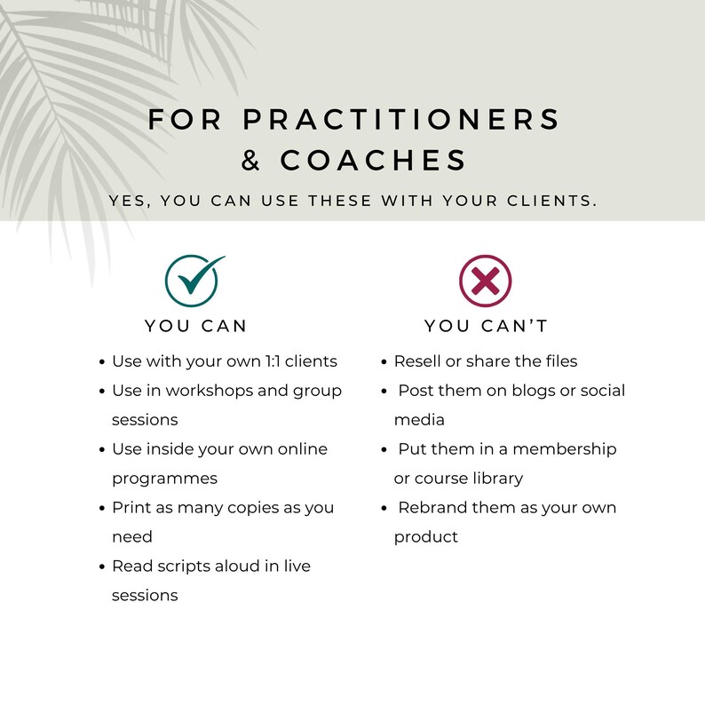 Licence information for EFT practitioners and coaches showing permitted use with clients, workshops and programmes, and restrictions on reselling, sharing or rebranding the files.