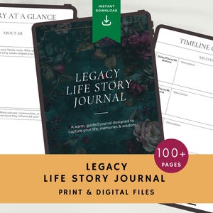 Legacy Life Story Journal cover with sample interior pages including My Story at a Glance and Timeline of My Life.