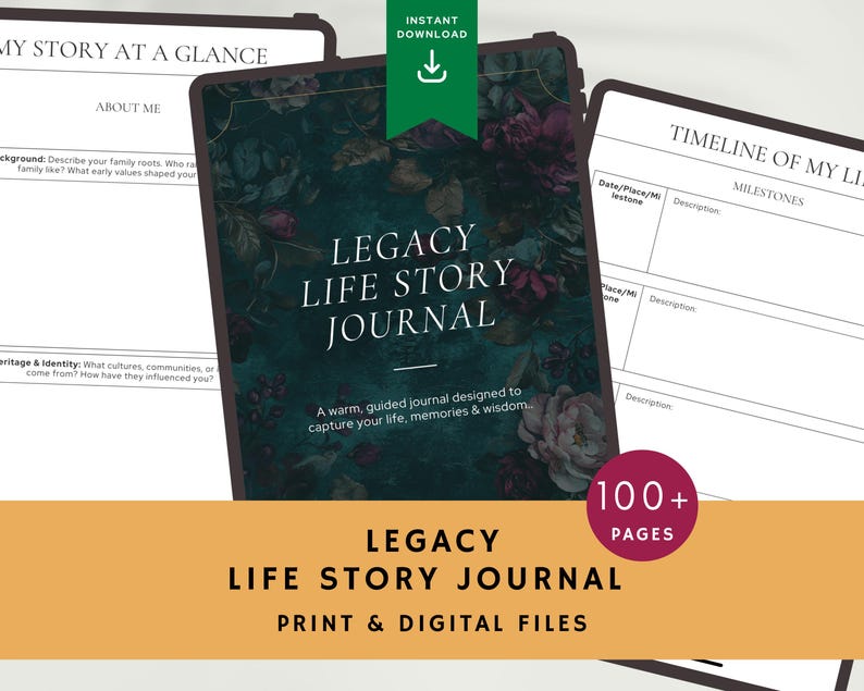 Legacy Life Story Journal cover with sample interior pages including My Story at a Glance and Timeline of My Life.