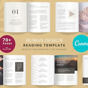 Plantilla de lectura de diseño humano de Canva para coaches de diseño humano: proyector, manifestador, generador de manifestación, generador, reflector y gráfico corporal.