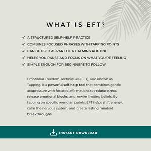 Educational graphic introducing Emotional Freedom Techniques, or EFT tapping, with information about tapping points, emotional wellbeing, stress, confidence and mindset.