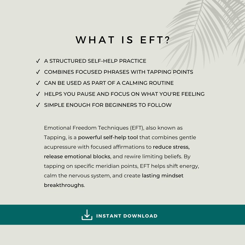 Educational graphic introducing Emotional Freedom Techniques, or EFT tapping, with information about tapping points, emotional wellbeing, stress, confidence and mindset.