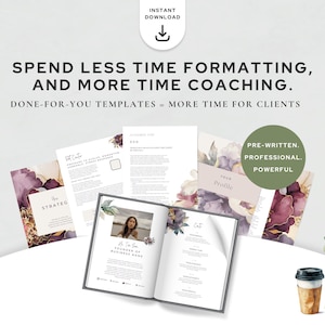 Sales image highlighting the ease of using this Human Design report Canva template. Features pre-designed pages like Welcome, Strategy, Profile, and Authority with modern, feminine design. Ideal for coaches ready to streamline client sessions and look professional.