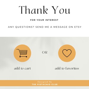 Thank you page encouraging users to add the product to cart or favorites. Visual features icons of a shopping cart and heart with minimalist thank-you message, inviting customers to message the seller with any questions.