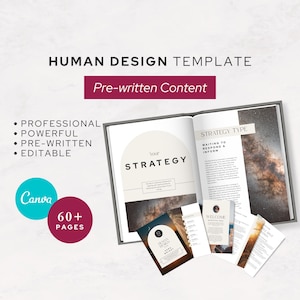 May include: An open book with the text "Your Strategy" and "Strategy Type" is surrounded by several smaller cards. The words "Human Design Template" and "Pre-written Content" are displayed at the top. The image also includes the words "Professional", "Powerful", "Pre-written", and "Editable".