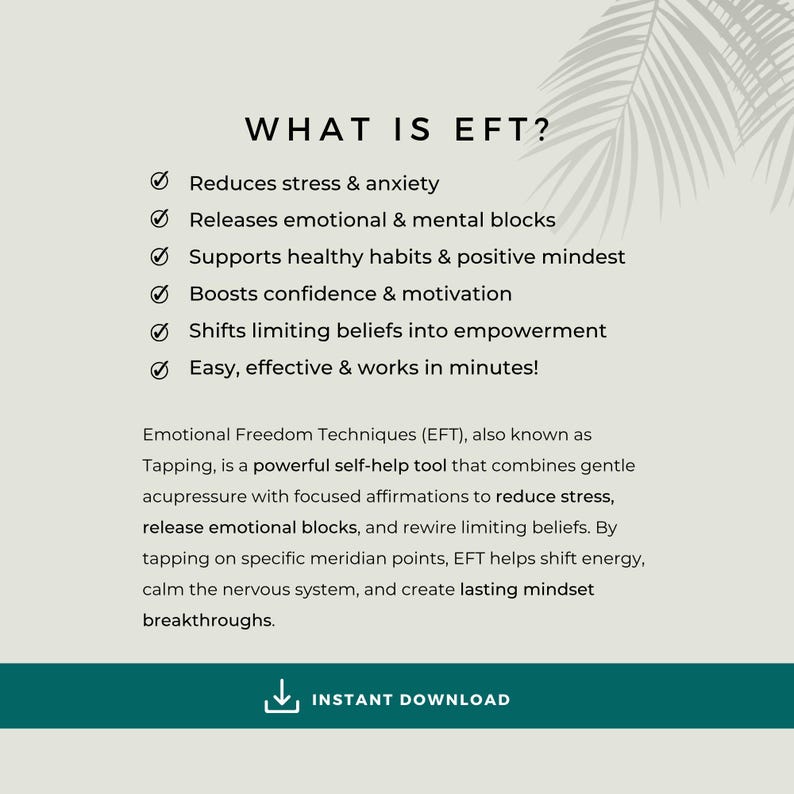 Educational graphic introducing Emotional Freedom Techniques, or EFT tapping, with information about tapping points, emotional wellbeing, stress, confidence and mindset.