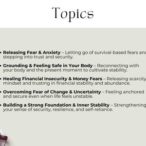 Releasing Fear & Anxiety – Letting go of survival-based fears & stepping into trust & security. Grounding & Feeling Safe – Reconnecting with your body & the present moment. Healing Financial Insecurity & Money Fears – Releasing scarcity mindset & trusting in financial stability and abundance. Overcoming Fear of Change & Uncertainty – Feeling anchored and secure even when life feels unstable. Building Strong Foundation & Inner Stability – Strengthening your sense of security & resilience