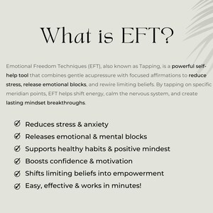 EFT (Tapping) is a powerful self-help method combining acupressure with affirmations to release fear and trauma, regulate emotions, and build safety. By tapping meridian points, energy shifts and limiting beliefs are cleared.