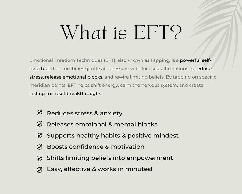 EFT (Tapping) is a powerful self-help method combining acupressure with affirmations to release fear and trauma, regulate emotions, and build safety. By tapping meridian points, energy shifts and limiting beliefs are cleared.