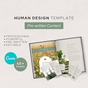 Human Design Template Canva - Green Edition with 60+ pre-written editable pages for client readings, featuring nature-inspired design and professional formatting