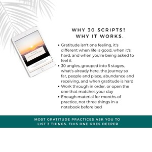 Gratitude EFT bundle shown on a tablet explaining how 30 scripts explore gratitude through five areas including what is already here, life journey, people, abundance and difficult emotions.