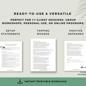 Highlights the structure of the scripts: setup statements, tapping rounds, and positive reframes. Emphasizes versatility for use in 1:1 client sessions, group workshops, personal practice, or online programs. Designed for overcoming lack of self-belief and fostering spiritual growth.