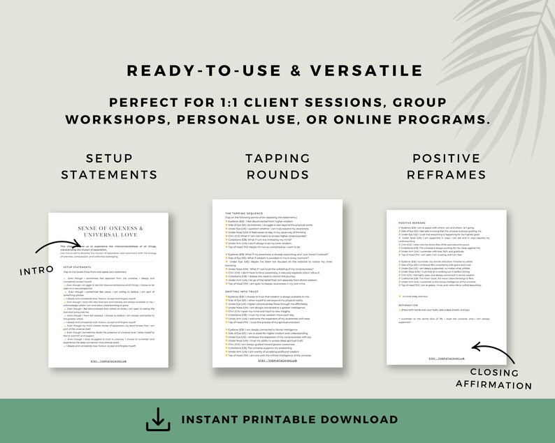 Highlights the structure of the scripts: setup statements, tapping rounds, and positive reframes. Emphasizes versatility for use in 1:1 client sessions, group workshops, personal practice, or online programs. Designed for overcoming lack of self-belief and fostering spiritual growth.
