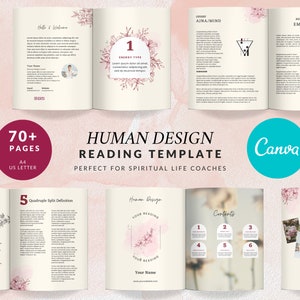 May include: A pink and white digital template for a Human Design Reading. The template includes a table of contents, a section for the reader's name, and a section for the reader's information. The template is designed to be used by spiritual life coaches.