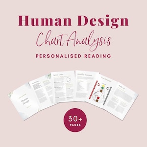 May include: A Human Design Chart Analysis reading with over 30 pages of personalized information. The pages are laid out in a fan shape with a white background and green watercolor accents. The text "Human Design" is visible on the front page.
