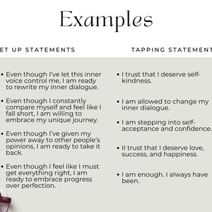 Sample content page displaying examples of Setup and Tapping Statements from the script. Setups include phrases like “I’ve let this inner voice control me,” while tapping statements include “I trust that I deserve self-kindness” and “I am enough. I always have been.”