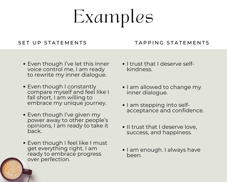 Sample content page displaying examples of Setup and Tapping Statements from the script. Setups include phrases like “I’ve let this inner voice control me,” while tapping statements include “I trust that I deserve self-kindness” and “I am enough. I always have been.”