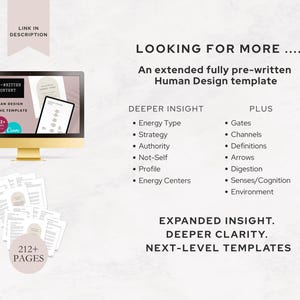 Extended 212+ page Human Design reading template for Canva including deeper insights on Gates, Channels, Arrows, Digestion, and Cognition