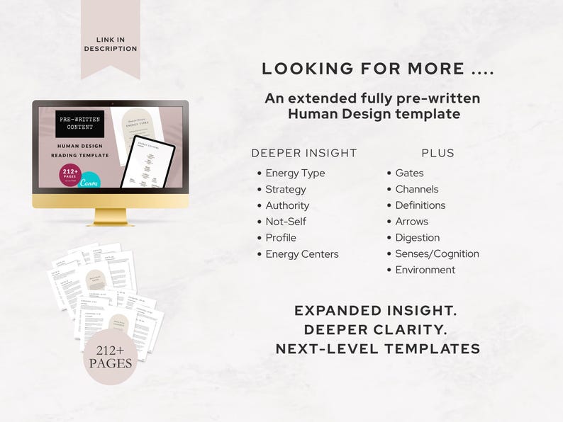 Extended 212+ page Human Design reading template for Canva including deeper insights on Gates, Channels, Arrows, Digestion, and Cognition