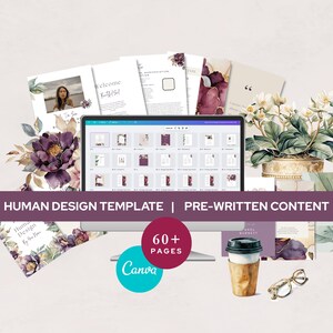 Flatlay of a Human Design reading Canva template bundle for spiritual coaches. Includes computer mockup showing Canva editor and over 60 pages of editable, pre-written content. Surrounded by floral artwork, coffee cup, glasses, and plant for aesthetic appeal. Great for branding your coaching business.