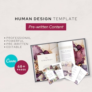 Puede incluir: Un libro abierto con el t&iacute;tulo "Human Design Template" y el texto "Pre-written Content". Las p&aacute;ginas presentan dise&ntilde;os florales y texto. Elementos adicionales incluyen un c&iacute;rculo turquesa con "Canva" y un c&iacute;rculo granate con "60+ PAGES."