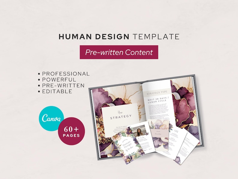 Puede incluir: Un libro abierto con el t&iacute;tulo "Human Design Template" y el texto "Pre-written Content". Las p&aacute;ginas presentan dise&ntilde;os florales y texto. Elementos adicionales incluyen un c&iacute;rculo turquesa con "Canva" y un c&iacute;rculo granate con "60+ PAGES."