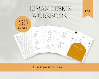 Op de afbeelding: Een Human Design Workbook met 50 pagina's, open weergegeven. De omslag heeft een gouden boog en tekst. De werkboekpagina's zijn wit met zwarte tekst en diagrammen. Een gouden banner leest "PDF" en een andere "Direct downloaden".