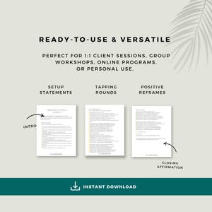 Example pages from the chakra EFT tapping bundle showing setup statements, tapping rounds, positive reframes and closing affirmation. Suitable for personal use, client sessions, workshops and online programmes.